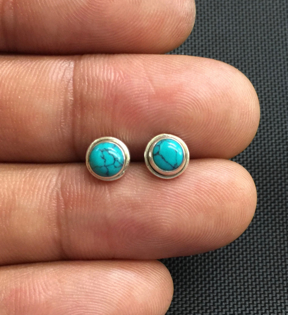 NEW 925 Sterling Silver Genuine Turquoise Small Round Stud Earrings Studs