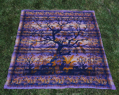Tree Of Life Indian Tapestry Bed Sheet Bed Cover Wallhanging Cotton Queen Purple