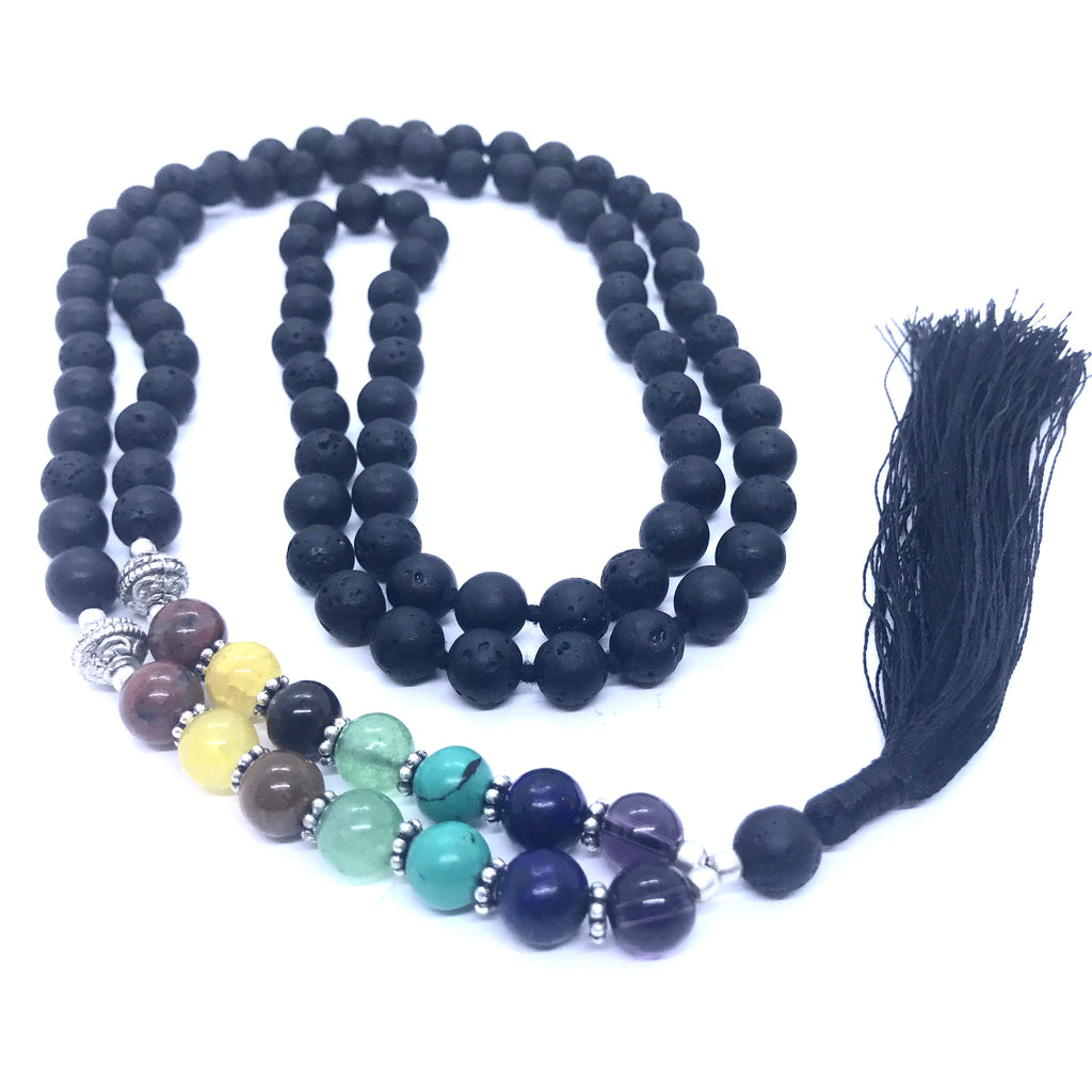 40 Inch Long Seven Chakra Healing Crystal Lava Rock Mala Hand Knotted 108 Prayer Bead Meditation Yoga Necklace Wrap Bracelet