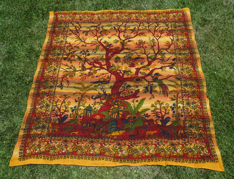 Tree Of Life Indian Tapestry Bed Sheet Bed Cover Wallhanging Cotton Queen Gold