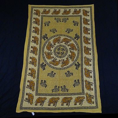 INDIAN ELEPHANT TAPESTRY BED SHEET BED SPREAD WALLHANGING COTTON 82 x 54 YELLOW