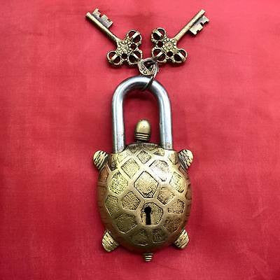 Golden Vintage Tibet Buddhist Style Turtle Tortuoise Brass Puzzle PadLock 2