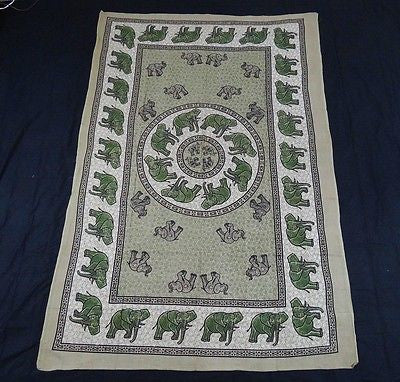 INDIAN ELEPHANT TAPESTRY BED SHEET BED SPREAD WALLHANGING COTTON 82 x 54 GREEN