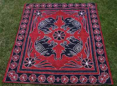 Four Indian Elephants Tapestry Wallhanging Bedsheet Blanket Queen Cotton Red