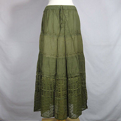 Beautiful Ladies Silk and Viscose Layered Lace Skirt from India Olive Green