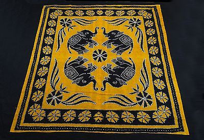 Four Indian Elephants Tapestry Wallhanging Bedsheet Cotton Queen Mustard Yellow