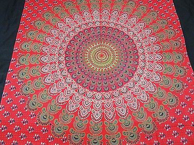 INDIAN PEACOCK MANDALA TAPESTRY BEDSHEET WALLHANGING COTTON 52 x 78 RED