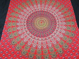 INDIAN PEACOCK MANDALA TAPESTRY BEDSHEET WALLHANGING COTTON 52 x 78 RED