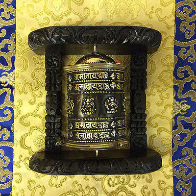 Tibetan Buddhist Brass PRAYER WHEEL Wall Hanging Wooden Frame LARGE
