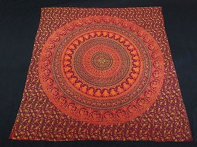 ROYAL INDIAN PEACOCK ELEPHANT TAPESTRY BED SHEET WALLHANGING QUEEN COTTON ORANGE