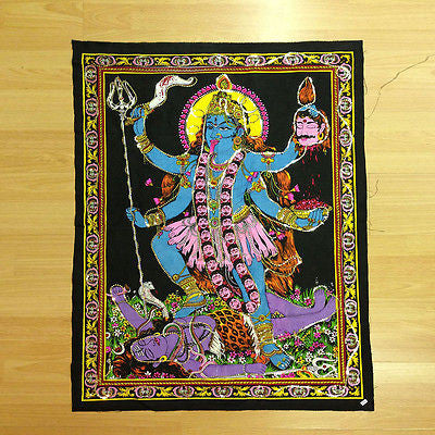 KALI Hindu Goddess Sequin Batik Wall Hanging Cotton Batik Tapestry India LARGE