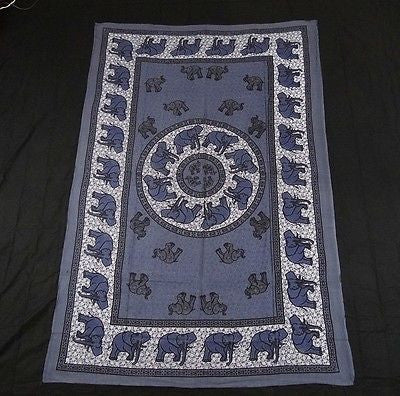 INDIAN ELEPHANT TAPESTRY BED SHEET BED SPREAD WALLHANGING COTTON 82 x 54 BLUE