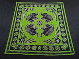 Four Indian Elephants Tapestry Wallhanging Bedsheet Blanket Cotton Queen Green