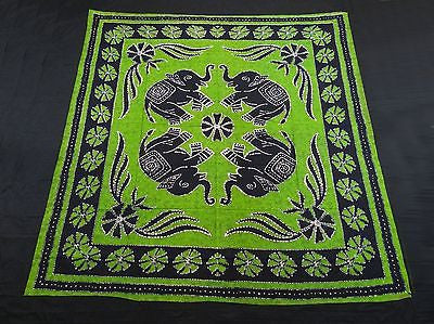 Four Indian Elephants Tapestry Wallhanging Bedsheet Blanket Cotton Queen Green