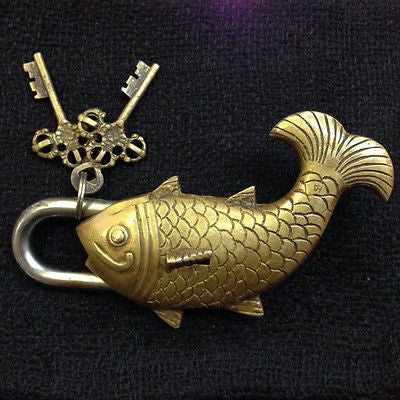 Golden Fearless Fish Tibet Buddhist Vintage Style Brass Puzzle PadLock Lock 1
