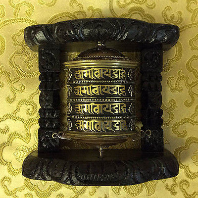 Tibetan Buddhist Brass Copper PRAYER WHEEL Wall Hanging Wooden Frame MEDIUM