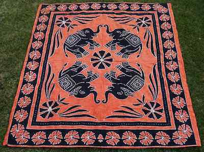 Four Indian Elephants Tapestry Wallhanging Bedsheet Blanket Cotton Queen Orange