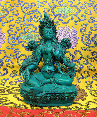 Large Green Tara Tibetan Buddhist Statue Handmade from Nepal Resin 8 Inch