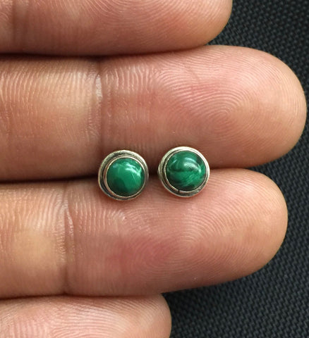 NEW 925 Sterling Silver Genuine Malachite Small Round Stud Earrings Studs
