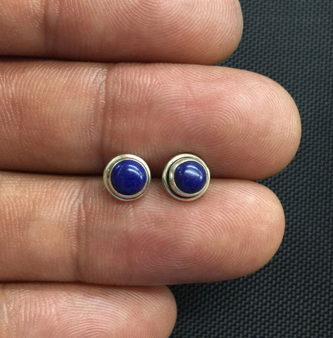 NEW 925 Sterling Silver Genuine Lapis Small Round Stud Earrings Studs