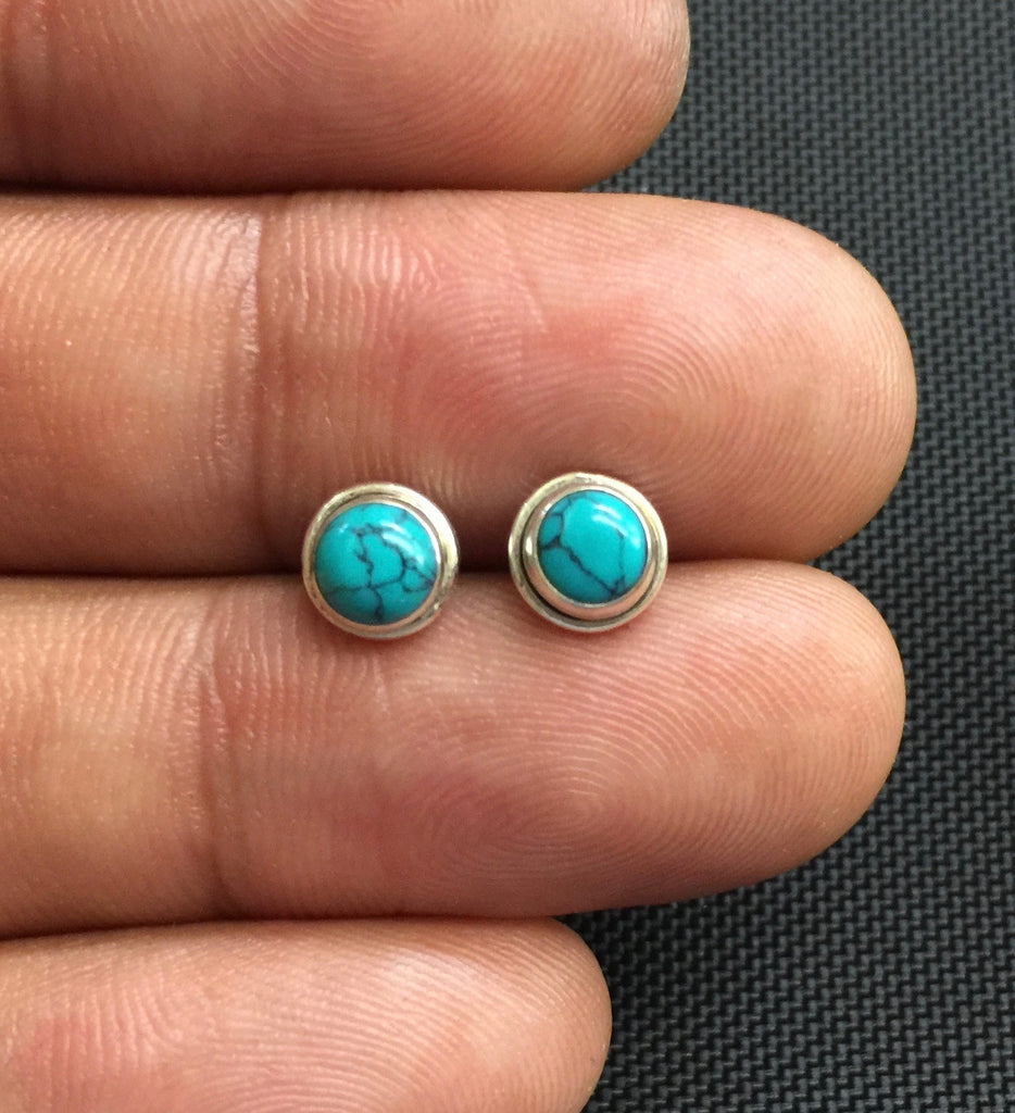 NEW 925 Sterling Silver Genuine Turquoise Small Round Stud Earrings Studs