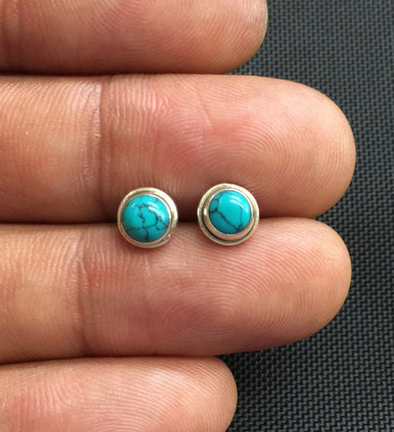 NEW 925 Sterling Silver Genuine Turquoise Small Round Stud Earrings Studs