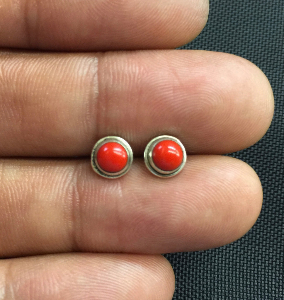 NEW 925 Sterling Silver Genuine Red Coral Small Round Stud Earrings Studs