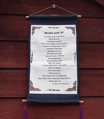 Dalai Lama Quote NEVER GIVE UP Tibetan Buddhist Wall Hanging Cotton