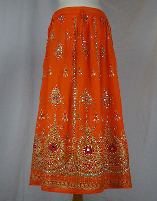 Ladies Indian Boho Hippie Long Sequin Skirt Rayon Orange