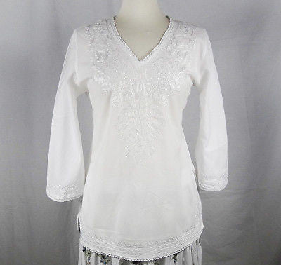 Indian Embroidered Boho Bollywood Top Tunic Shirt Kurtis Kurta Cotton White