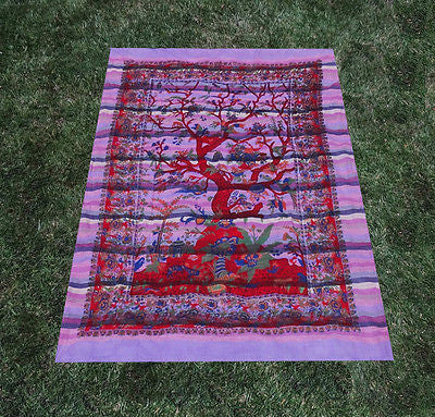 Tree Of Life Indian Tapestry Wallhanging Bed sheet Cotton Purple 58 x 86 Inches
