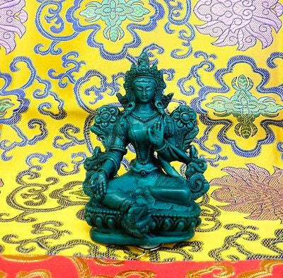 Small Green Tara Tibetan Buddhist Statue Handmade from Nepal Resin 4.25 Inch