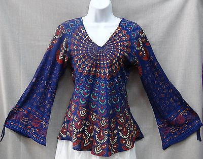 Indian Womens Ladies Peacock Hippie Boho Shirt Top Cotton Blue