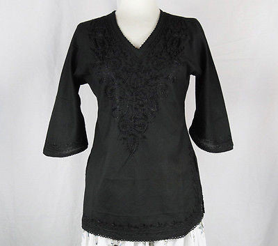 Indian Embroidered Boho Bollywood Top Tunic Shirt Kurtis Kurta Cotton Black