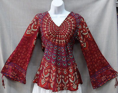 Indian Womens Ladies Peacock Hippie Boho Shirt Top Cotton Maroon Burgandy