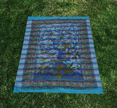 Tree Of Life Indian Tapestry Wallhanging Bed sheet Cotton Aqua 58 x 86 Inches