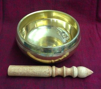 5.5 Inch Polished Brass Tibetan Buddhist Singing Bowl and Striker from Nepal