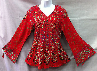 Indian Womens Ladies Peacock Hippie Boho Shirt Top Cotton Red
